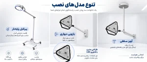 انواع چراغ معاینه پزشکی LED آراصنعت در مدل‌های سقفی، دیواری و پرتابل